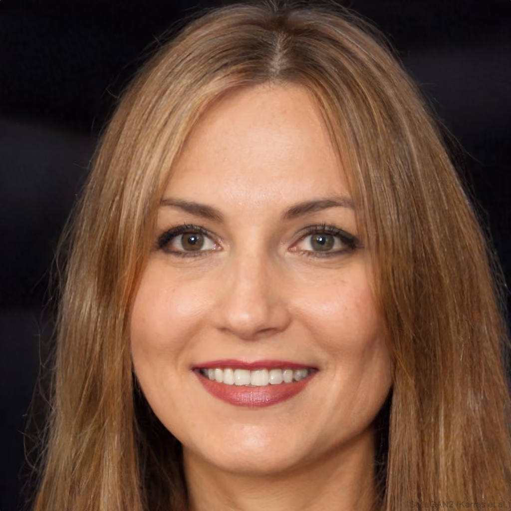 Close-up de mulher loira sorrindo com cabelos soltos e maquiagem leve nos olhos e lábios.