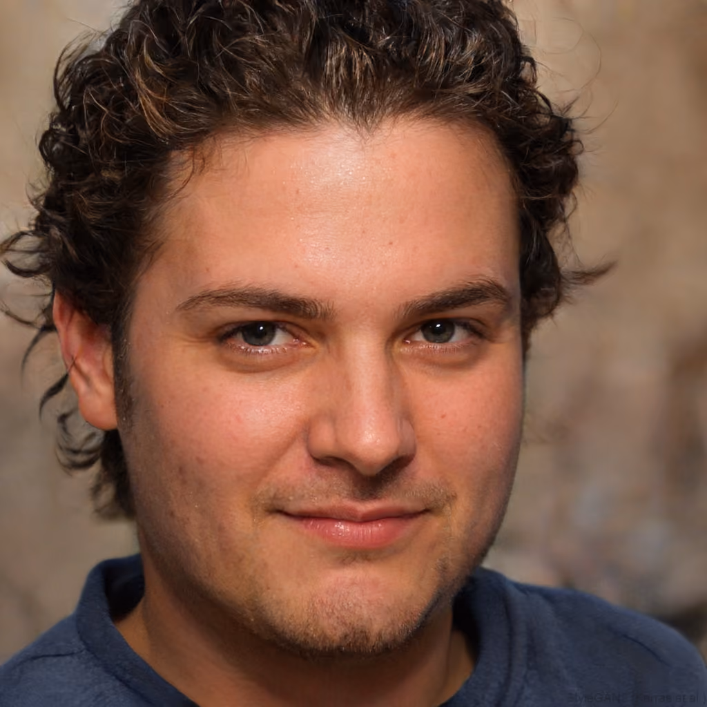 Close-up de homem jovem com cabelo cacheado escuro e camiseta azul sorrindo levemente.